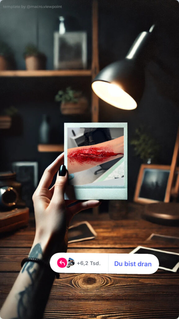 Hand hält Foto mit geschminkter Schnittwunde am Unterarm. Hintergrund dunkel - Hier Tischlampe und leere Fotos auf Tisch, dahinter Regal mit Pflanzen